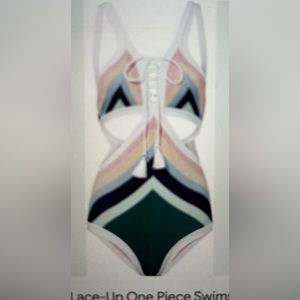Lace-Up Rainbow Chevron One-Piece Swimsuit - White and Green